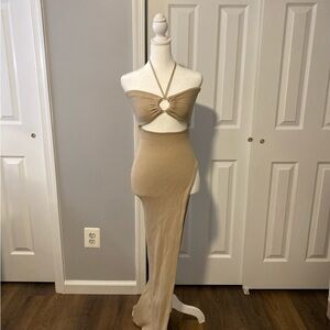 Hera Collection Ribbed Halter Maxi Dress in Beige
